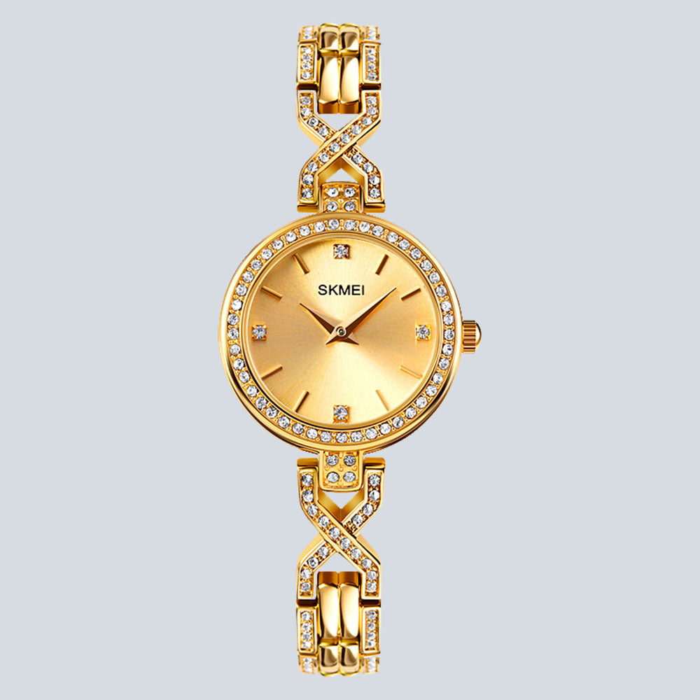 Gold Women's SKMEI 8371 Diamond Round Dial Bracelet Quartz Watch